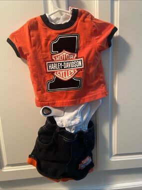 Harley-Davidson Orange and Black Baby Tee with Black Shorts